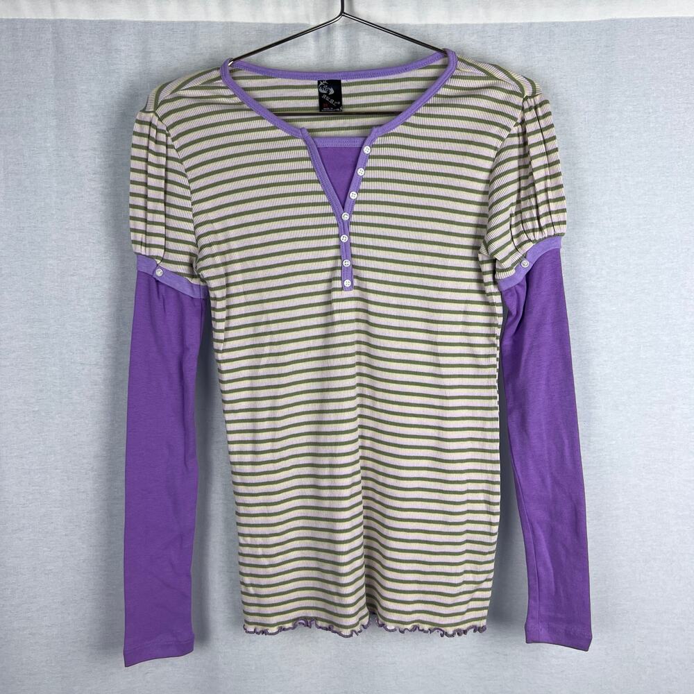 Vintage Y2K Twofer Shirt Womens Medium Henley Long Sleeves Purple Striped Preppy